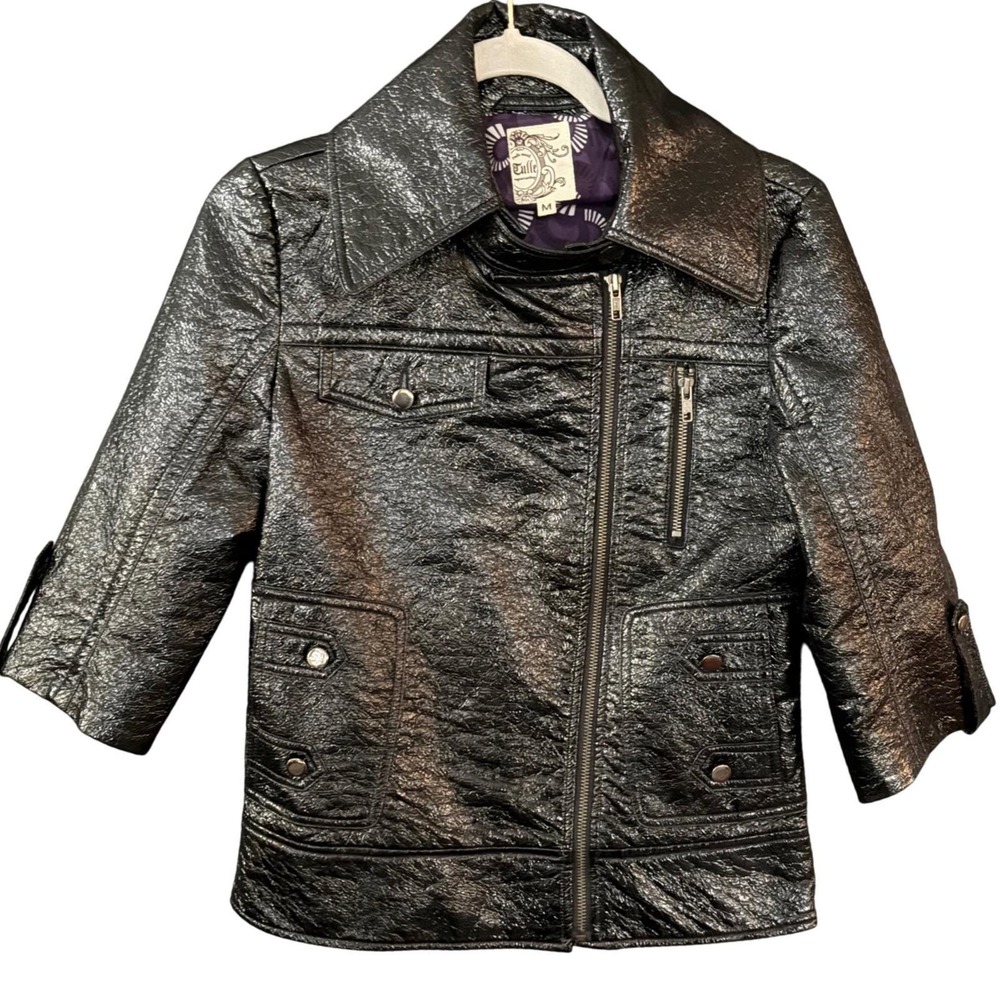 Anthropologie TULLE Metallic Shiny Black Faux Leather Moto Jacket Biker Edgy MED